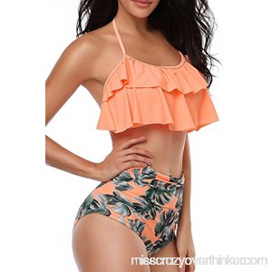 BeLady Women's High Waist Two Pieces Bikini Set Padded Stripe Tassel Swimsuit Orange B07Q8V8WRM